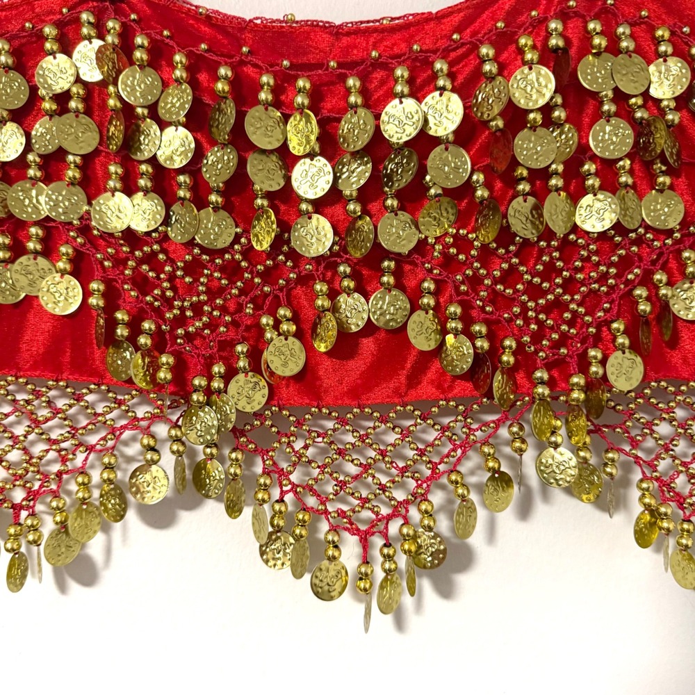 Red Gold Coin Belly Dance Hip Scarf Satin Crochet Mesh Wrap Belt Performance - Picture 2 of 6